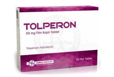 TOLPERON 50 MG FILM KAPLI TABLET (30 ADET) (tolperizon) kutusu, film kaplı tablet. Üretici: WORLD MEDICINE İLAÇ SAN. VE TİC. A.Ş.