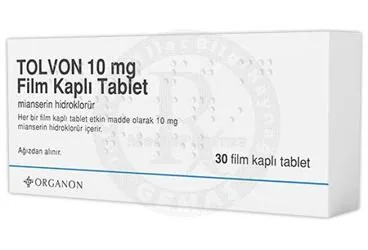 Mianserin hidroklörür içeren tablet: TOLVON 10 MG 30 TABLET ambalajı. Üretici: MERCK SHARP DOHME İLAÇLARI LTD. ŞTİ.