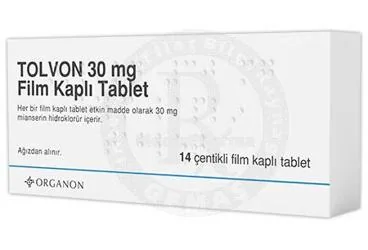 TOLVON 30 MG 14 TABLET kutusu. Mianserin hidroklörür içeren tablet. Üretici: MERCK SHARP DOHME İLAÇLARI LTD. ŞTİ.