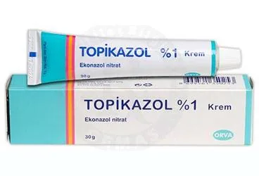 TOPIKAZOL %1 KREM (ekonazol) ürün ambalajı, krem. Üretici: ORVA İLAÇ SAN. VE TİC. A.Ş.