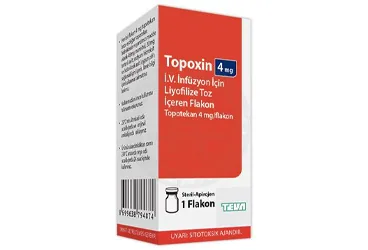 TOPOXIN 4 MG IV INFUZYONLUK COZELTI HAZIRLAMAK ICIN LIYOFILIZE TOZ ambalajı. Topotekan hcl içeren çözelti. Üretici: VEM İLAÇ SAN. VE TİC. ANONİM ŞİRKETİ.