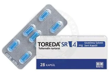 TOREDA SR 4 MG 28 UZATILMIS SALIMLI SERT KAPSUL ürün ambalajı. Tolterodin-l-tartarat içeren kapsül. Üretici: BİOFARMA İLAÇ SANAYİ VE TİCARET A.Ş.