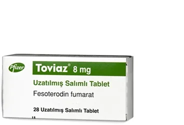 Fesoterodin içeren tablet: TOVIAZ 8 MG 28 UZATILMIS SALIMLI TABLET ambalajı. Üretici: PFİZER PFE İLAÇLARI ANONİM ŞİRKETİ.