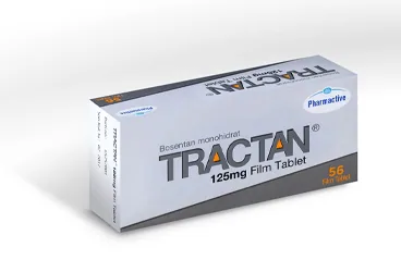 Bosentan içeren film kaplı tablet: TRACTAN 125 MG FILM KAPLI TABLET (56 FILM KAPLI TABLET) kutusu. Üretici: HUMANİS SAĞLIK ANONİM ŞİRKETİ.