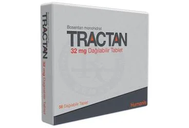Bosentan içeren tablet: TRACTAN 32 MG DAGILABILIR TABLET ambalajı. Üretici: HUMANİS SAĞLIK ANONİM ŞİRKETİ.