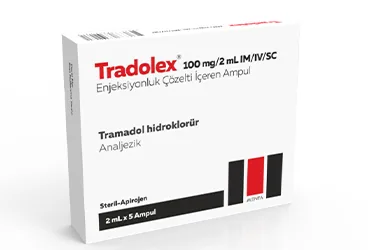 TRADOLEX 100 MG/2 ML IM/IV/SC ENJEKSIYONLUK COZELTI (5 AMPUL) kutu fotoğrafı, çözelti formunda tramadol hcl içerir. Üretici: MENTA PHARMA İLAÇ SANAYİ VE TİCARET ANONİM ŞİRKETİ.