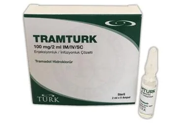 Tramadol hcl içeren çözelti: TRAMTURK 100 MG/2 ML IM/IV/SC ENJEKSIYONLUK/INFUZYONLUK COZELTI (5 ADET) kutusu. Üretici: TURK İLAÇ VE SERUM SANAYİ ANONİM ŞİRKETİ.