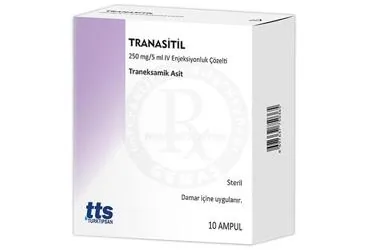 TRANASITIL 250 MG/5 ML IM/IV ENJEKSIYONLUK COZELTI ambalajı, çözelti formunda traneksamik asit içerir. Üretici: TURKTIPSAN SAĞLIK TURİZM EĞİTİM VE TİCARET A.Ş.