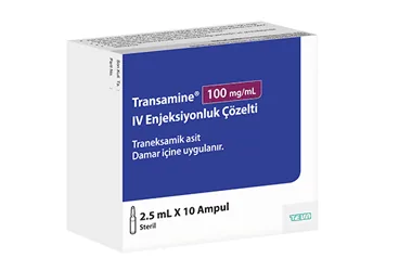 Traneksamik asit içeren çözelti: TRANSAMINE 100 MG/ML IV ENJEKSIYONLUK COZELTI (10 AMPUL) kutusu. Üretici: TEVA İLAÇLARI SANAYİ VE TİCARET A.Ş.
