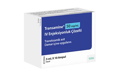 TRANSAMINE 50 MG/ML IV ENJEKSIYONLUK COZELTI (10 AMPUL) (traneksamik asit) ürün ambalajı, çözelti. Üretici: TEVA İLAÇLARI SANAYİ VE TİCARET A.Ş.
