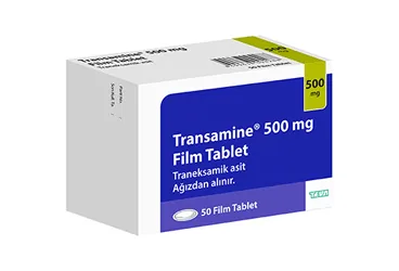 TRANSAMINE 500 MG 50 FILM TABLET ürün ambalajı, film kaplı tablet formunda traneksamik asit içerir. Üretici: TEVA İLAÇLARI SANAYİ VE TİCARET A.Ş.