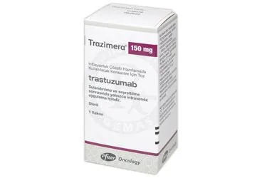 TRAZIMERA 150 MG INFUZYONLUK COZELTI HAZIRLAMADA KULLANILACAK KONSANTRE ICIN TOZ ürün ambalajı, çözelti formunda trastuzumab içerir. Üretici: PFİZER PFE İLAÇLARI ANONİM ŞİRKETİ.