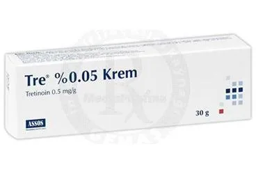 TRE %0,05 KREM (30 G) (tretinoin -topikal) ürün ambalajı, krem. Üretici: ASSOS İLAÇ KİMYA GIDA ÜRÜNLERİ ÜRETİM VE TİC. A.Ş.