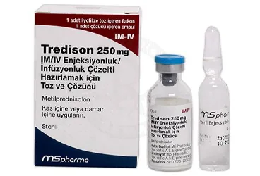 Metilprednizolon içeren çözelti: TREDISON 250 MG IM/IV ENJEKSIYONLUK/INFUZYONLUK COZELTI HAZIRLAMAK ICIN TOZVE COZUCU (1 FLAKON + 1 COZUCU AMPUL) kutusu. Üretici: HAVER TRAKYA İLAÇ SANAYİ VE TİCARET ANONİM ŞİRKETİ.