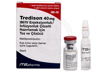 TREDISON 40 MG IM/IV ENJEKSIYONLUK/INFUZYONLUK COZELTI HAZIRLAMAK ICIN TOZ VE COZUCU (1 FLAKON + 1 COZUCU AMPUL) ürün ambalajı. Metilprednizolon içeren çözelti. Üretici: HAVER TRAKYA İLAÇ SANAYİ VE TİCARET ANONİM ŞİRKETİ.