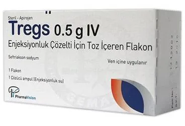 TREGS 0,5 G IV ENJEKSIYONLUK COZELTI ICIN TOZ ICEREN FLAKON kutusu. Seftriakson içeren çözelti. Üretici: PHARMAVİSİON SAN. VE TİC. A.Ş.