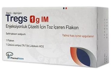 TREGS 1 G IM ENJEKSIYONLUK COZELTI ICIN TOZ ICEREN FLAKON (seftriakson) kutusu, çözelti. Üretici: PHARMAVİSİON SAN. VE TİC. A.Ş.