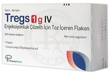 TREGS 1 G IV ENJEKSIYONLUK COZELTI ICIN TOZ ICEREN FLAKON ürün ambalajı. Seftriakson içeren çözelti. Üretici: PHARMAVİSİON SAN. VE TİC. A.Ş.