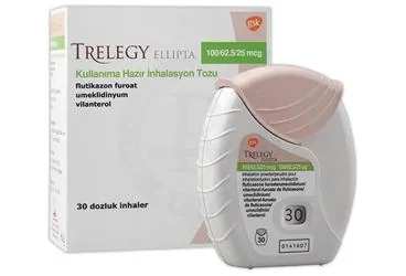 TRELEGY ELLIPTA 100/62,5/25 MCG KULLANIMA HAZIR INHALASYON TOZU 30 ADET ambalajı. Vilanterol, umeklidinium bromid, flutikazon içeren inhalasyon aerosolü. Üretici: GLAXOSMİTHKLİNE İLAÇLARI SAN. VE TİC. A.Ş.