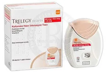 TRELEGY ELLIPTA 200/62,5/25 MCG KULLANIMA HAZIR INHALASYON TOZU 30 ADET ambalajı, inhalasyon aerosolü formunda vilanterol, umeklidinium bromid, flutikazon içerir. Üretici: GLAXOSMİTHKLİNE İLAÇLARI SAN. VE TİC. A.Ş.