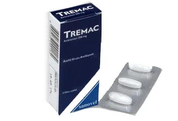 TREMAC 500 MG 3 FİLM TABLET ambalajı, film kaplı tablet formunda azitromisin içerir. Üretici: SANOVEL İLAÇ SANAYİ VE TİCARET ANONİM ŞİRKETİ.