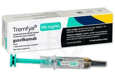 TREMFYA 100 MG/ML ENJEKSİYONLUK ÇÖZELTİ İÇEREN KULLANIMA HAZIR ENJEKTÖR kutu fotoğrafı. Guselkumab içeren çözelti. Üretici: JOHNSON AND JOHNSON SIHHİ MALZEME SANAYİ VE TİCARET LİMİTED ŞİRKETİ.
