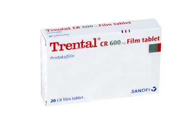 TRENTAL CR 600 MG 20 FİLM TABLET ambalajı. Pentoksifilin içeren film kaplı tablet. Üretici: SANOFİ SAĞLIK ÜRÜNLERİ LTD. ŞTİ.