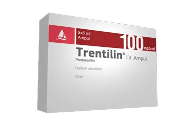 TRENTILIN 100 MG/5 ML IV ENJEKSIYONLUK COZELTI ICEREN AMPUL (5 AMPUL) ambalajı, çözelti formunda pentoksifilin içerir. Üretici: SANTA FARMA İLAÇ SAN. A.Ş.