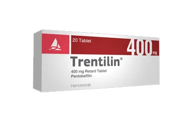 TRENTILIN RETARD 400 MG FILM KAPLI TABLET(20 FILM KAPLI TABLET) kutusu, film kaplı tablet formunda pentoksifilin içerir. Üretici: SANTA FARMA İLAÇ SAN. A.Ş.