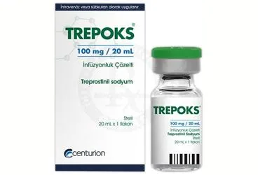Treprostinil içeren çözelti: TREPOKS 100 MG/20 ML INFUZYONLUK COZELTI ürün ambalajı. Üretici: CENTURİON İLAÇ SANAYİ VE TİCARET ANONİM ŞİRKETİ.