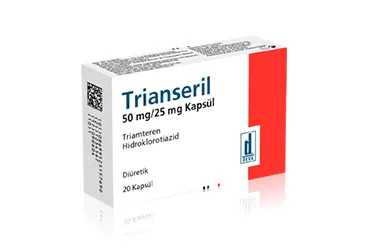 Triamteren hidroklortiazid içeren kapsül: TRIANSERIL 50 MG/25MG 20 KAPSUL kutusu. Üretici: DEVA HOLDİNG ANONİM ŞİRKETİ.