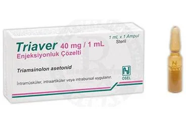 TRIAVER 1 ML 1 AMPUL ürün ambalajı. Triamsinolon asetonat içeren ampul. Üretici: OSEL İLAÇ SANAYİ VE TİCARET ANONİM ŞİRKETİ.