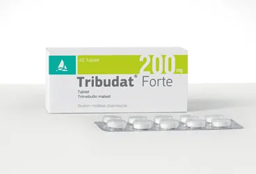 Trimebutin maleat içeren tablet: TRIBUDAT FORTE 200 MG TABLET (20 TABLET) ambalajı. Üretici: SANTA FARMA İLAÇ SAN. A.Ş.