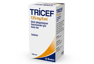 TRICEF 125 MG/5 ML ORAL SUSPANSIYON HAZIRLAMAK ICIN KURU TOZ 100 ML kutu fotoğrafı. Sefdinir içeren oral süspansiyon. Üretici: İLKO İLAÇ SAN. VE TİC. A.Ş.