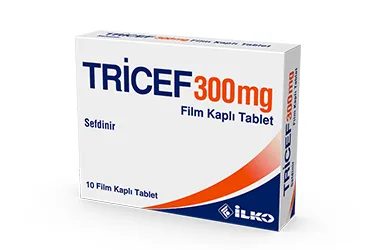 TRICEF 300 MG 10 FILM KAPLI TABLET (sefdinir) ürün ambalajı, film kaplı tablet. Üretici: İLKO İLAÇ SAN. VE TİC. A.Ş.