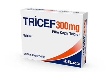 TRICEF 300 MG 20 FILM KAPLI TABLET ambalajı, film kaplı tablet formunda sefdinir içerir. Üretici: İLKO İLAÇ SAN. VE TİC. A.Ş.