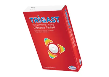 TRIGAST 10 MG/800 MG/165 MG 12 CIGNEME TABLETI (12 TABLET) (famotidin, antiasit kombinasyonu) kutu fotoğrafı, çiğneme tableti. Üretici: HUMANİS SAĞLIK ANONİM ŞİRKETİ.