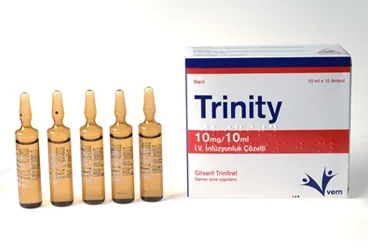 TRINITY 10 MG/ 10 ML I.V, INFUZYONLUK COZELTI (10 AMPUL) kutusu, çözelti formunda gliseril trinitrat içerir. Üretici: VEM İLAÇ SAN. VE TİC. ANONİM ŞİRKETİ.