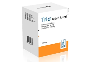 TRIO 1000 MG + 500 MG + 30 MG TEDAVI PAKETI (6x14 BLISTER) kutusu. Etkin maddesi amoksisilin + klaritromisin + lansoprazol. Üretici: DEVA HOLDİNG ANONİM ŞİRKETİ.