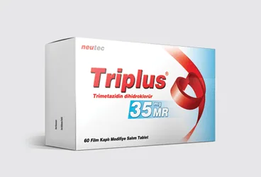 TRIPLUS MR 35 MG 60 FILM KAPLI MODIFIYE SALIM TABLET kutu fotoğrafı, tablet formunda trimetazidin içerir. Üretici: NEUTEC İLAÇ SANAYİ TİCARET ANONİM ŞİRKETİ.