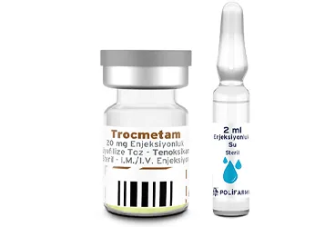 TROCMETAM 20 MG ENJEKSIYONLUK LIYOFILIZE TOZ 1 FLAKON 1 COZUCU AMPUL (tenoksikam) ambalajı, ampul. Üretici: POLİFARMA İLAÇ SAN. VE TİC. A.Ş.