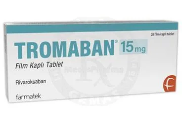 TROMABAN 15 MG FİLM KAPLI TABLET (28 TABLET) ürün ambalajı, film kaplı tablet formunda rivaroksaban içerir. Üretici: FARMA-TEK İLAÇ SANAYİ VE TİCARET A.Ş.