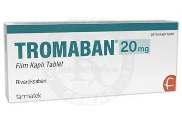 TROMABAN 20 MG FİLM KAPLI TABLET (28 TABLET) ürün ambalajı. Rivaroksaban içeren film kaplı tablet. Üretici: FARMA-TEK İLAÇ SANAYİ VE TİCARET A.Ş.