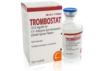 Tirofiban hcl içeren çözelti: TROMBOSTAT 12.5 MG / 50 ML I.V. INFUZYONLUK KONSANTRE COZELTI ambalajı. Üretici: FARMA-TEK İLAÇ SANAYİ VE TİCARET A.Ş.