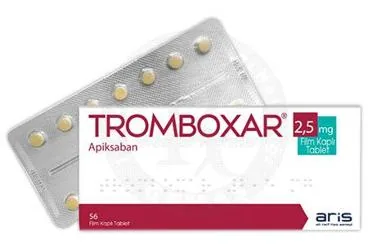 TROMBOXAR 2.5 MG FILM KAPLI TABLET (56 TABLET) ürün ambalajı, film kaplı tablet formunda apiksaban içerir. Üretici: ALİ RAİF İLAÇ SANAYİ A.Ş.