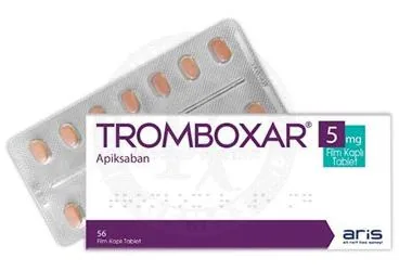 TROMBOXAR 5 MG FILM KAPLI TABLET (apiksaban) ambalajı, film kaplı tablet. Üretici: ALİ RAİF İLAÇ SANAYİ A.Ş.
