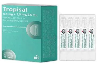 TROPISAL 0.5 MG+2,5 MG/2,5 ML NEBULIZASYON ICIN INHALASYON COZELTISI (20 FLAKON) ambalajı, inhalasyon aerosolü formunda ipratropium bromür monohidrat + salbutamol sülfat içerir. Üretici: AROMA İLAÇ SAN.LTD.ŞTİ.