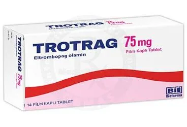 TROTRAG 75 MG FILM KAPLI TABLET (14 TABLET) (eltrombopag) ürün ambalajı, film kaplı tablet. Üretici: BİOFARMA İLAÇ SANAYİ VE TİCARET A.Ş.