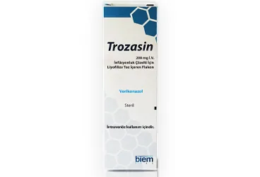TROZASIN 200 MG IV INFUZYONLUK COZELTI ICIN LIYO. TOZ ICEREN FLAKON ürün ambalajı. Vorikonazol içeren çözelti. Üretici: BİEM İLAÇ SAN. VE TİC. A.Ş.