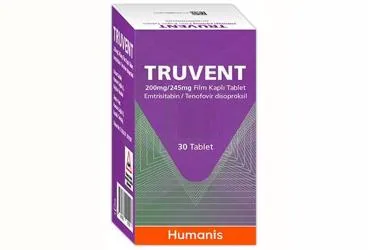 TRUVENT 200 MG / 245 MG FILM KAPLI TABLET (30 TABLET) ambalajı, film kaplı tablet formunda tenofovir disoproksil + emtrisitabin içerir. Üretici: HUMANİS SAĞLIK ANONİM ŞİRKETİ.